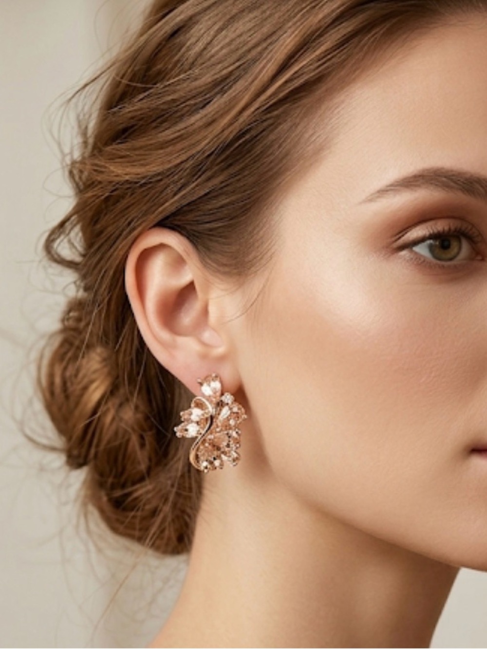 Stunning Pink Champagne Crystal Cluster Stud Earrings